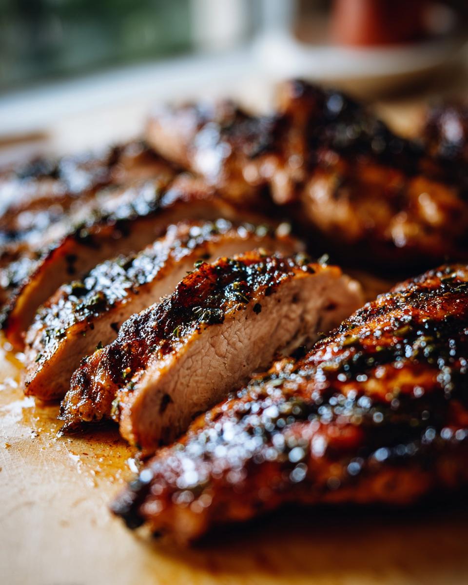 Close-up of perfectly grilled chicken recipe, sliced and glistening with herbs and spices on a wooden board.