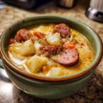 A close-up of a bowl of Kielbasa potato soup, featuring chunks of sausage, potatoes, and onions in a creamy broth.