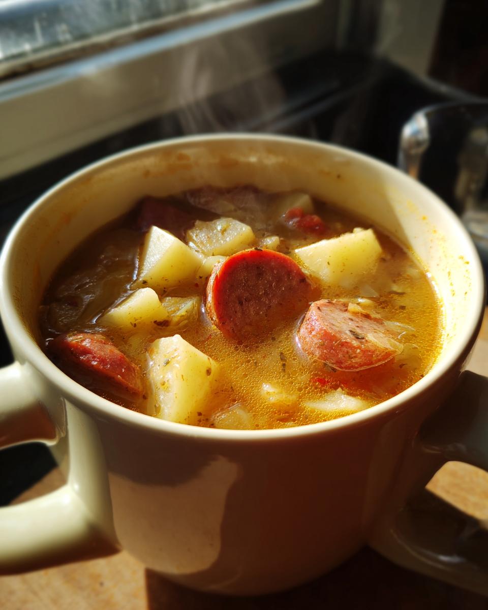 A steaming bowl of Kielbasa potato soup, filled with chunks of potato and sliced kielbasa sausage.