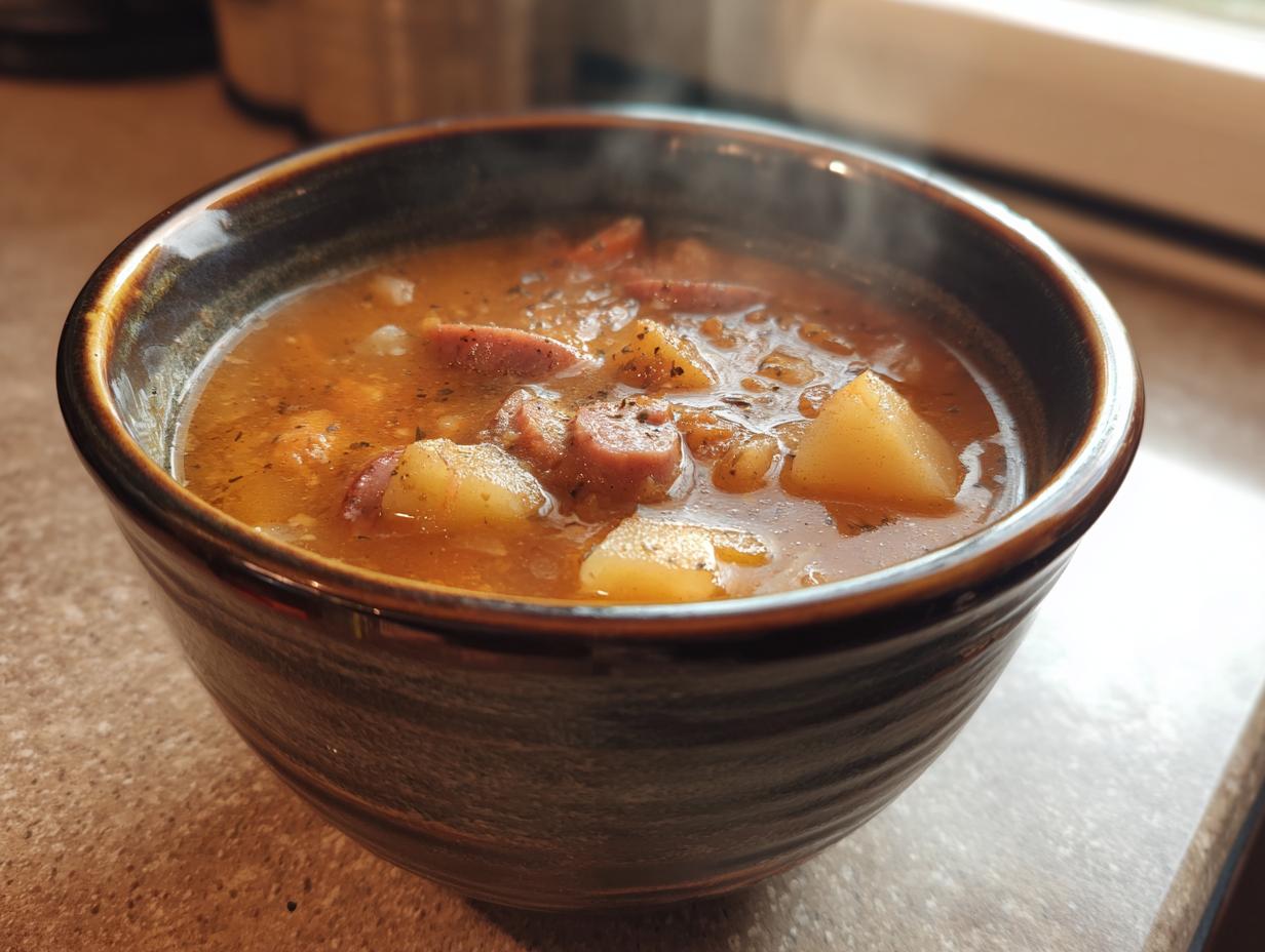 A steaming bowl of Kielbasa potato soup, featuring chunks of potato and sliced kielbasa sausage in a rich broth.