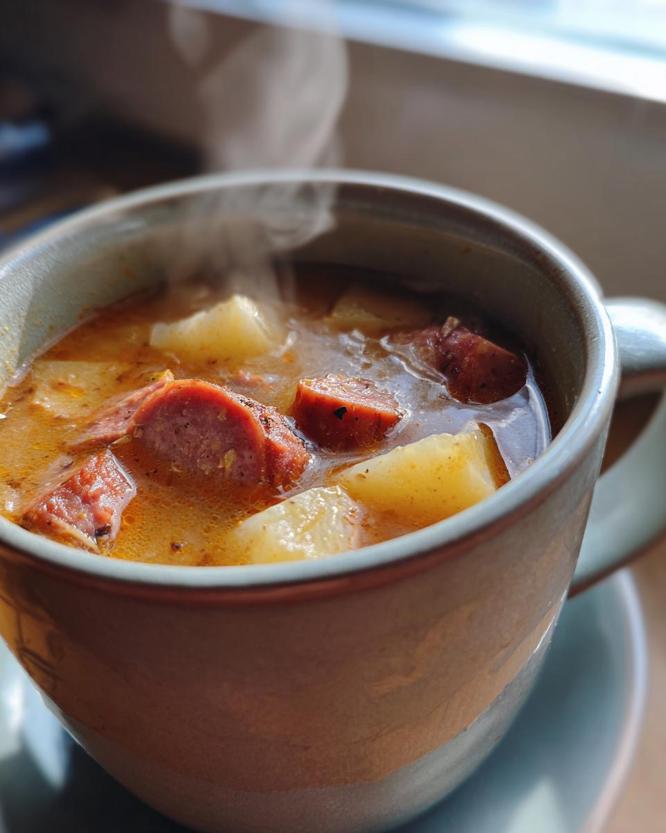 Close-up of a steaming mug filled with delicious Kielbasa potato soup, featuring chunks of sausage and potatoes.
