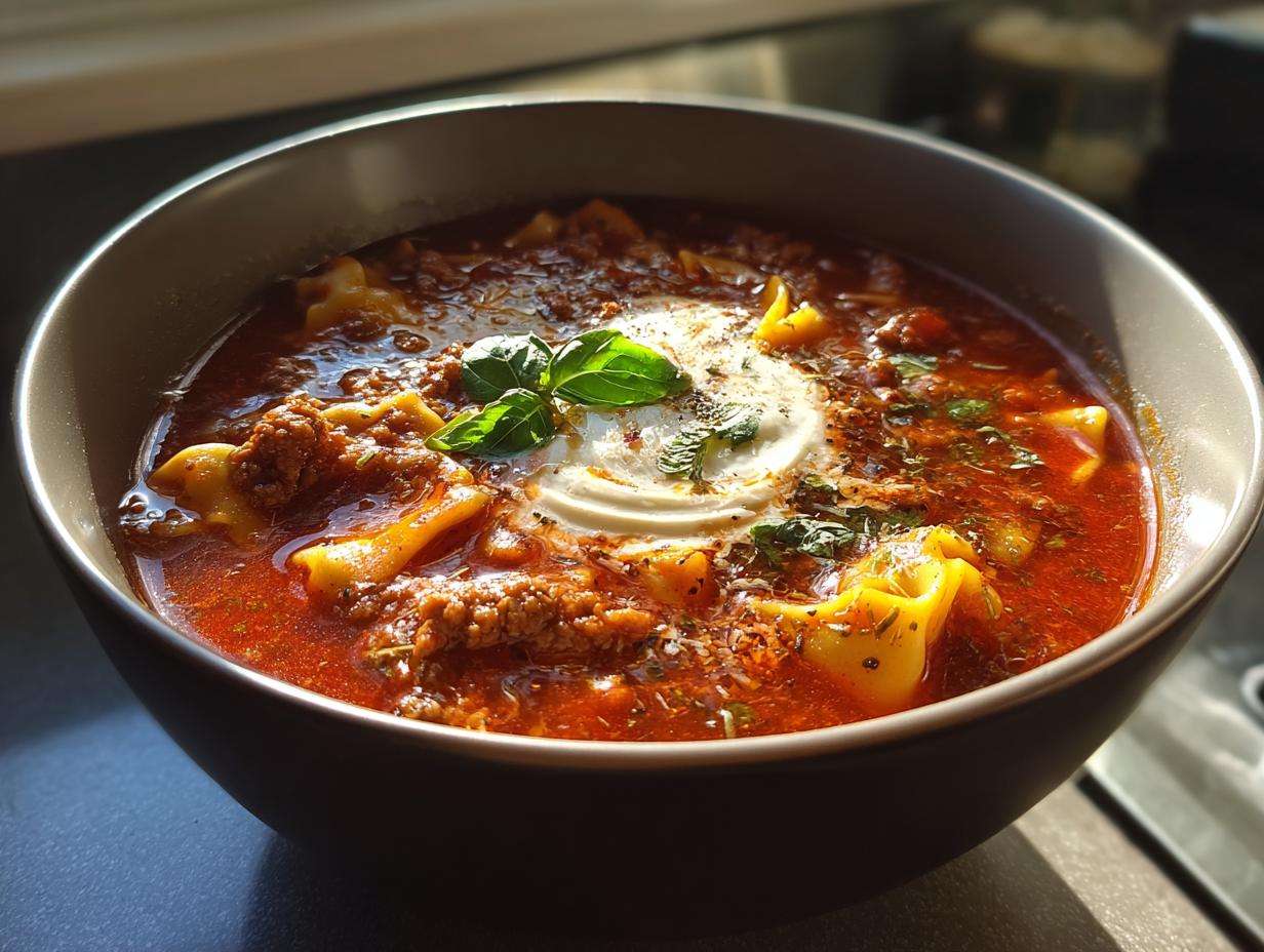 A close-up of a bowl of delicious Lasagna soup, featuring pasta, rich tomato broth, seasoned ground meat, and a dollop of cream.