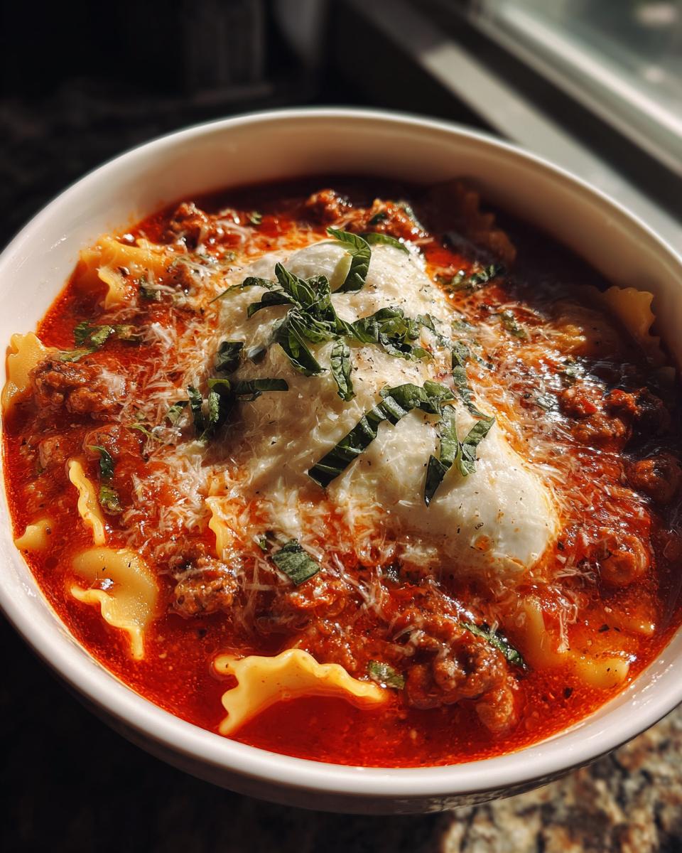 A close-up of a bowl of Lasagna Soup topped with a dollop of ricotta cheese and fresh basil.