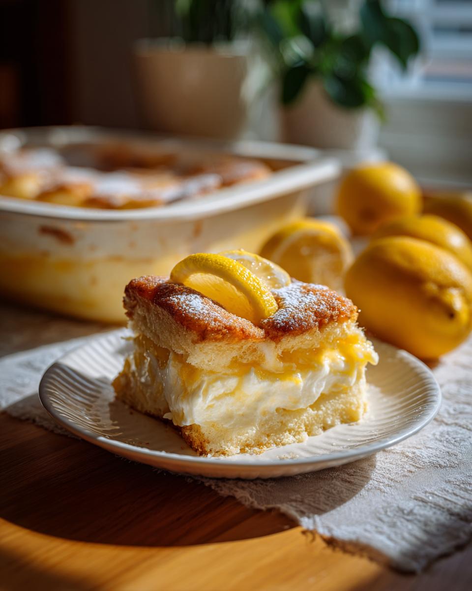 A delicious slice of lemon cream cheese dump cake topped with powdered sugar and lemon slices.