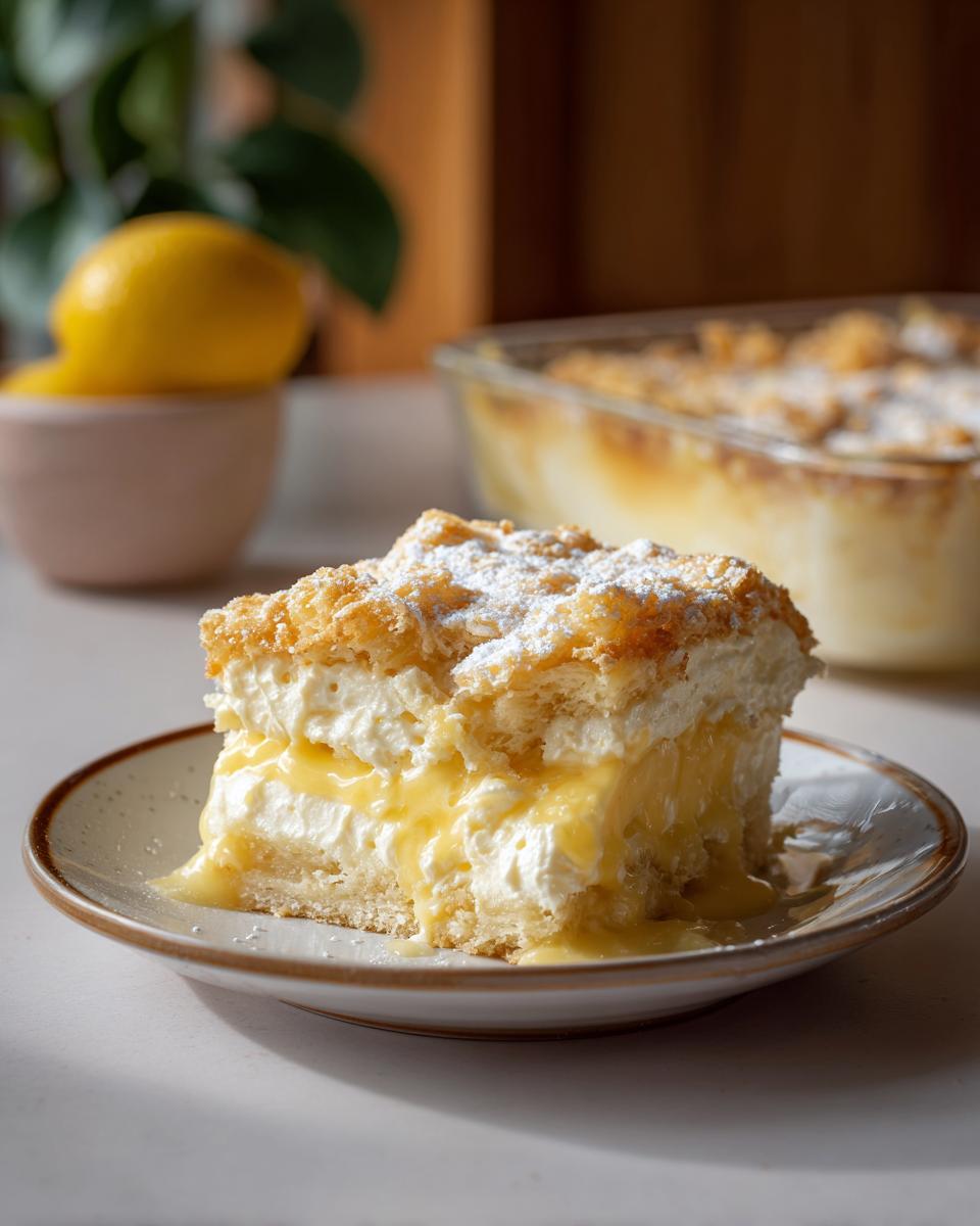 A decadent slice of lemon cream cheese dump cake, showing layers of creamy filling and crumb topping, dusted with powdered sugar.