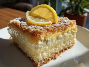 A delicious slice of lemon cream cheese dump cake, topped with powdered sugar and a fresh lemon slice.