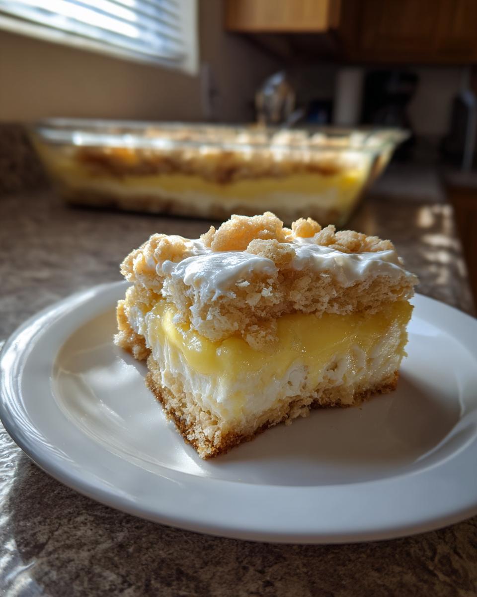 A slice of delicious lemon cream cheese dump cake on a white plate, showing layers of crust, cream cheese, and lemon filling.