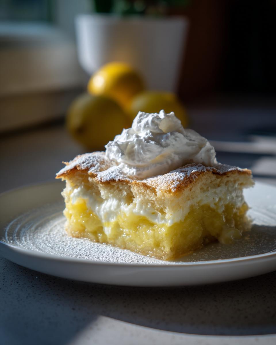 A slice of delicious lemon cream cheese dump cake topped with whipped cream and powdered sugar.