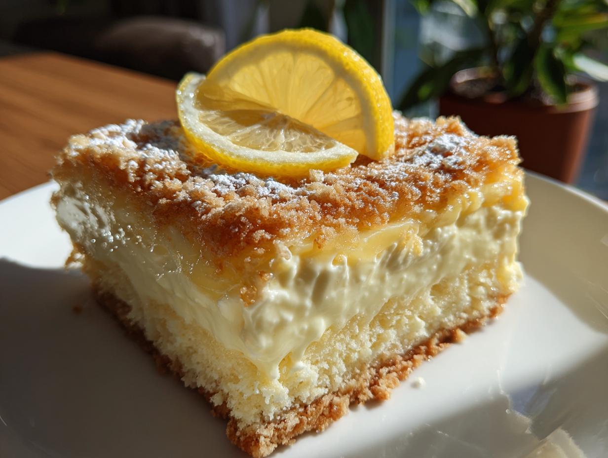 A delicious slice of lemon cream cheese dump cake, topped with powdered sugar and a fresh lemon slice.