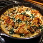Close-up of a low carb chicken spinach mushroom bake in a cast iron skillet, bubbling with cheese.