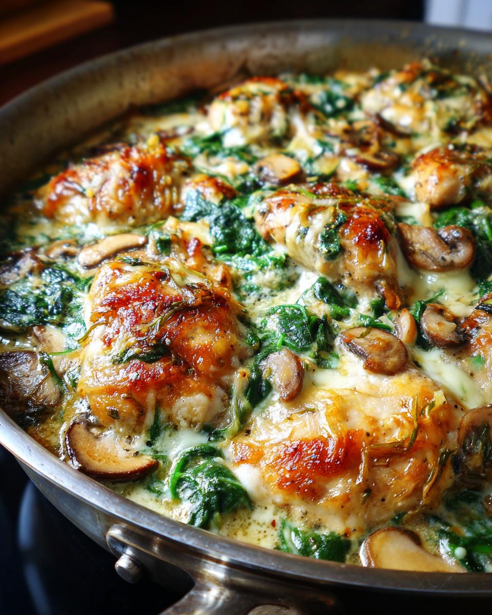 Close-up of a low carb chicken spinach mushroom bake in a skillet, with golden brown chicken, wilted spinach, and sliced mushrooms in a creamy sauce.