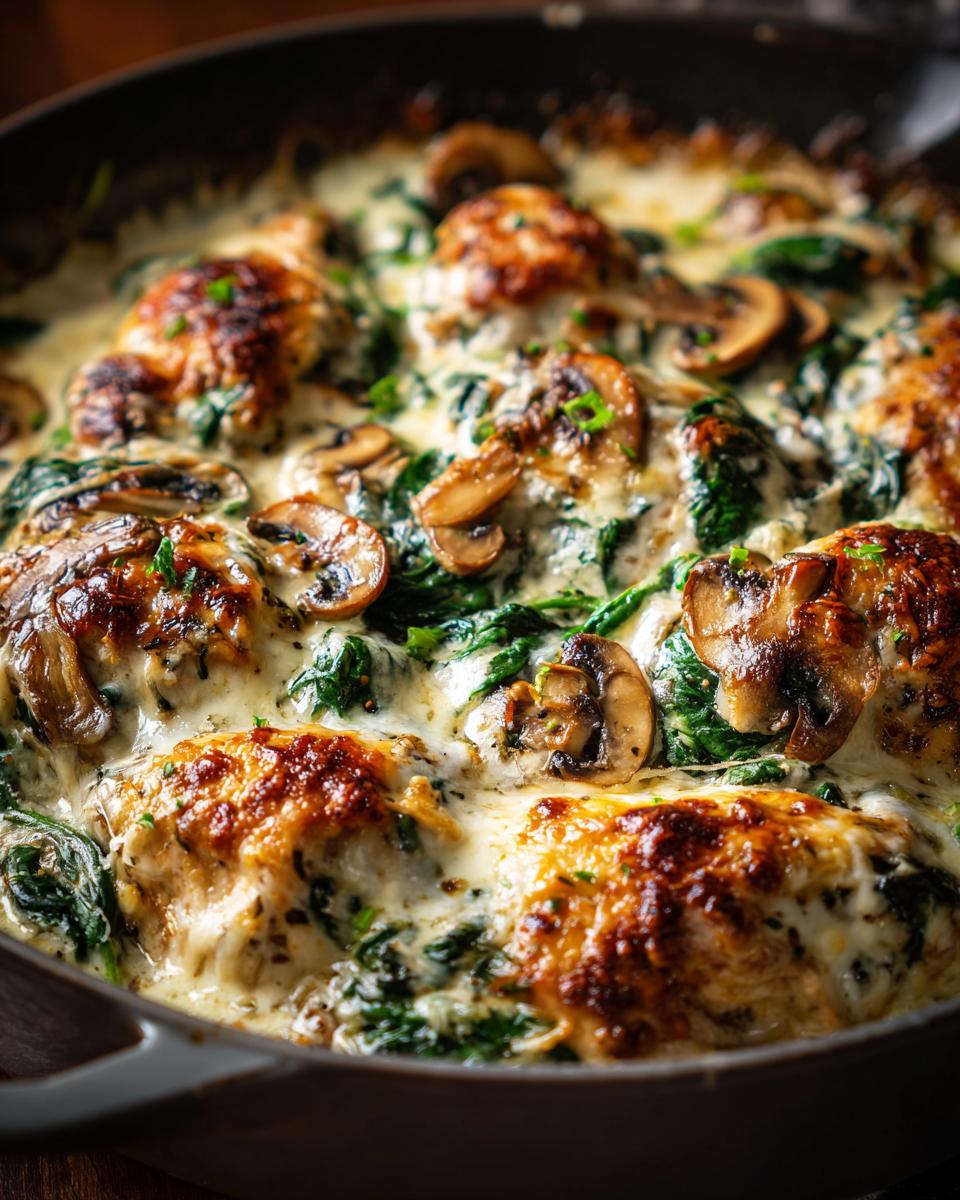 Close-up of a creamy low carb chicken spinach mushroom bake in a skillet, topped with melted cheese and herbs.