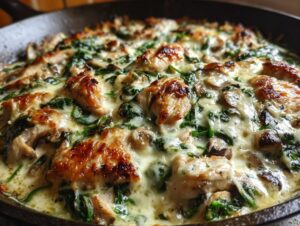 Close-up of a bubbling low carb chicken spinach mushroom bake in a cast iron skillet, with golden brown chicken pieces and melted cheese.