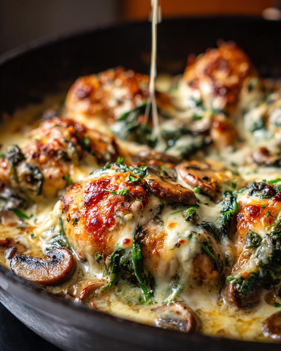 Close-up of a creamy low carb chicken spinach mushroom bake in a skillet, with melted cheese and herbs.