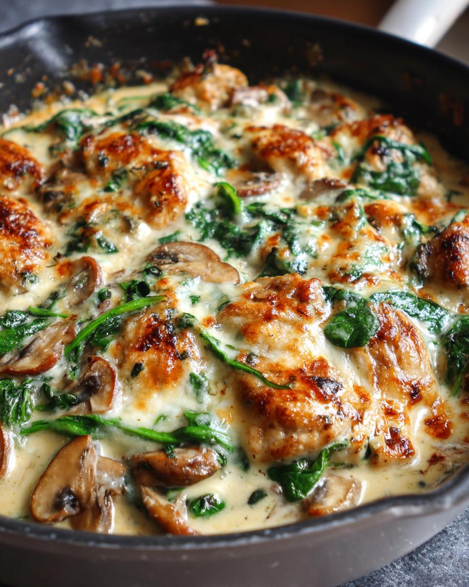 Close-up of a bubbling low carb chicken spinach mushroom bake in a cast iron skillet, with golden brown chicken pieces and melted cheese.