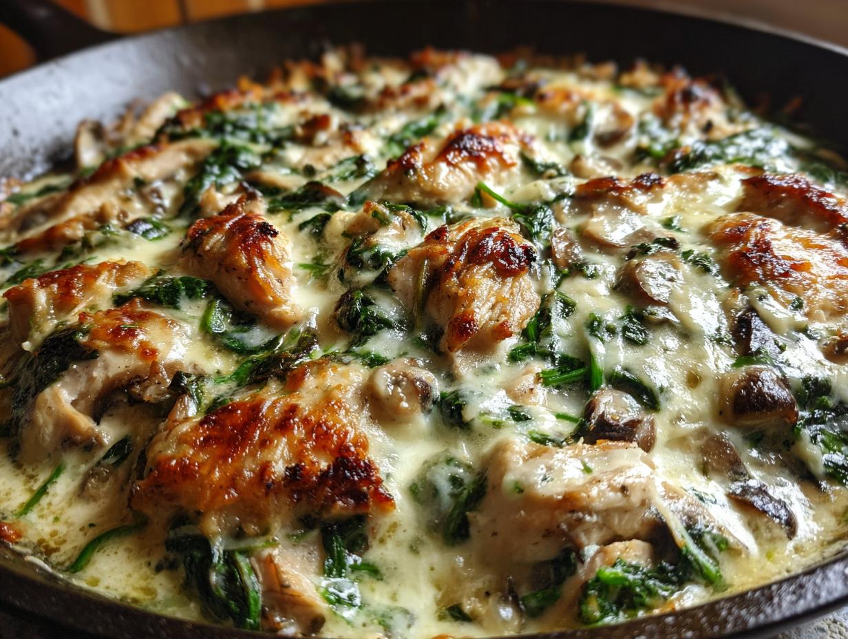Close-up of a bubbling low carb chicken spinach mushroom bake in a cast iron skillet, with golden brown chicken pieces and melted cheese.