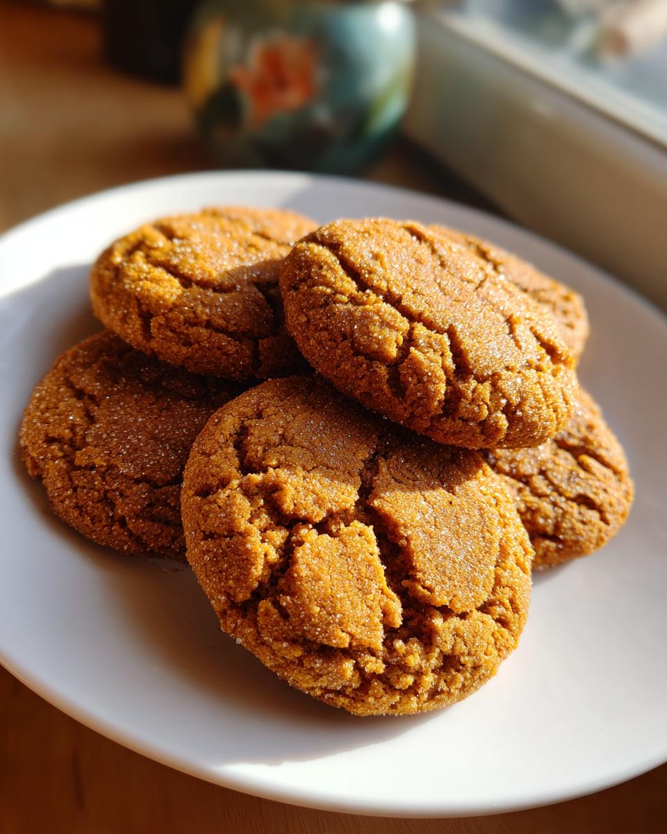 A close-up of several golden-brown maple pumpkin cookies with a signature cracked surface, sprinkled with sugar.