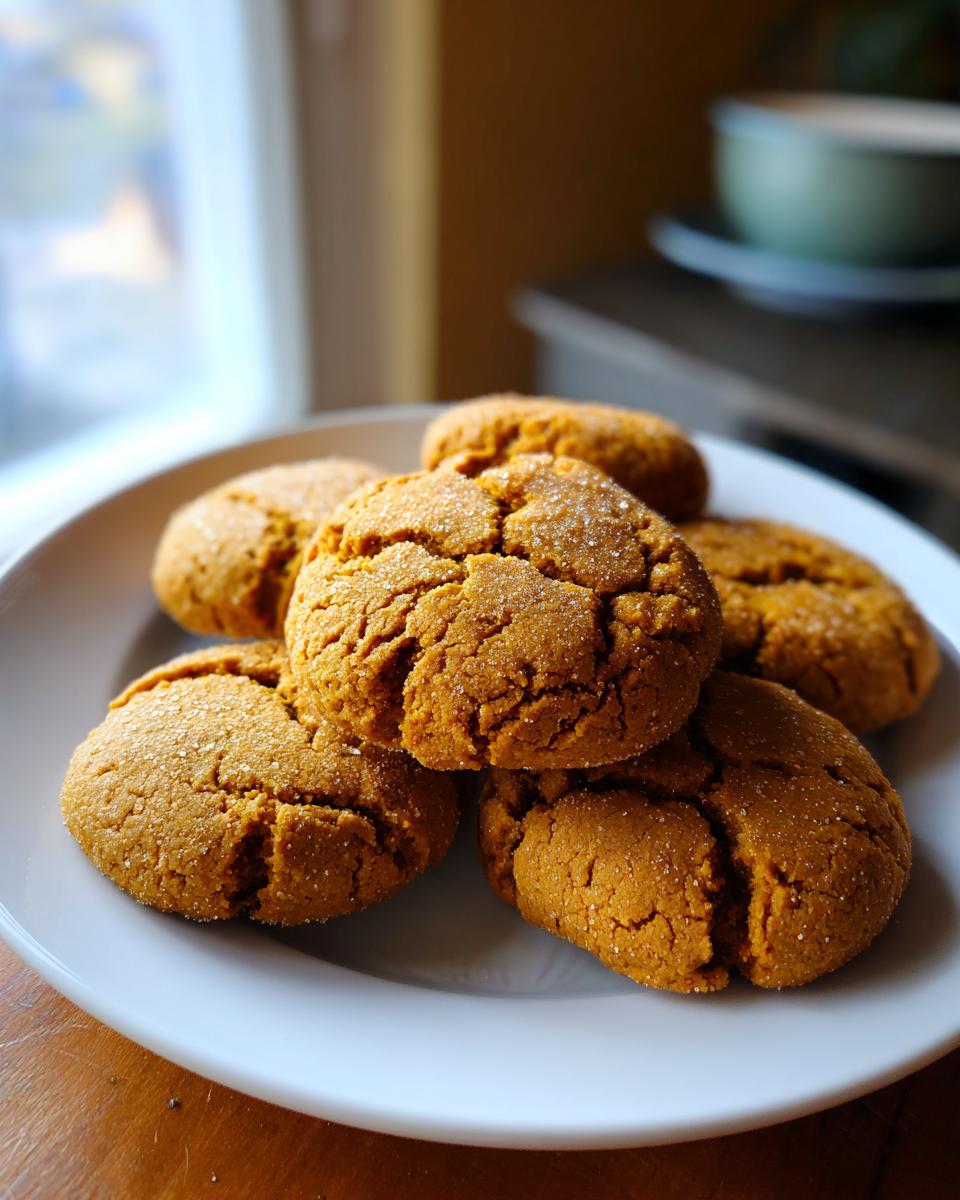 A pile of soft, cracked Maple Pumpkin Cookies dusted with sugar on a white plate.