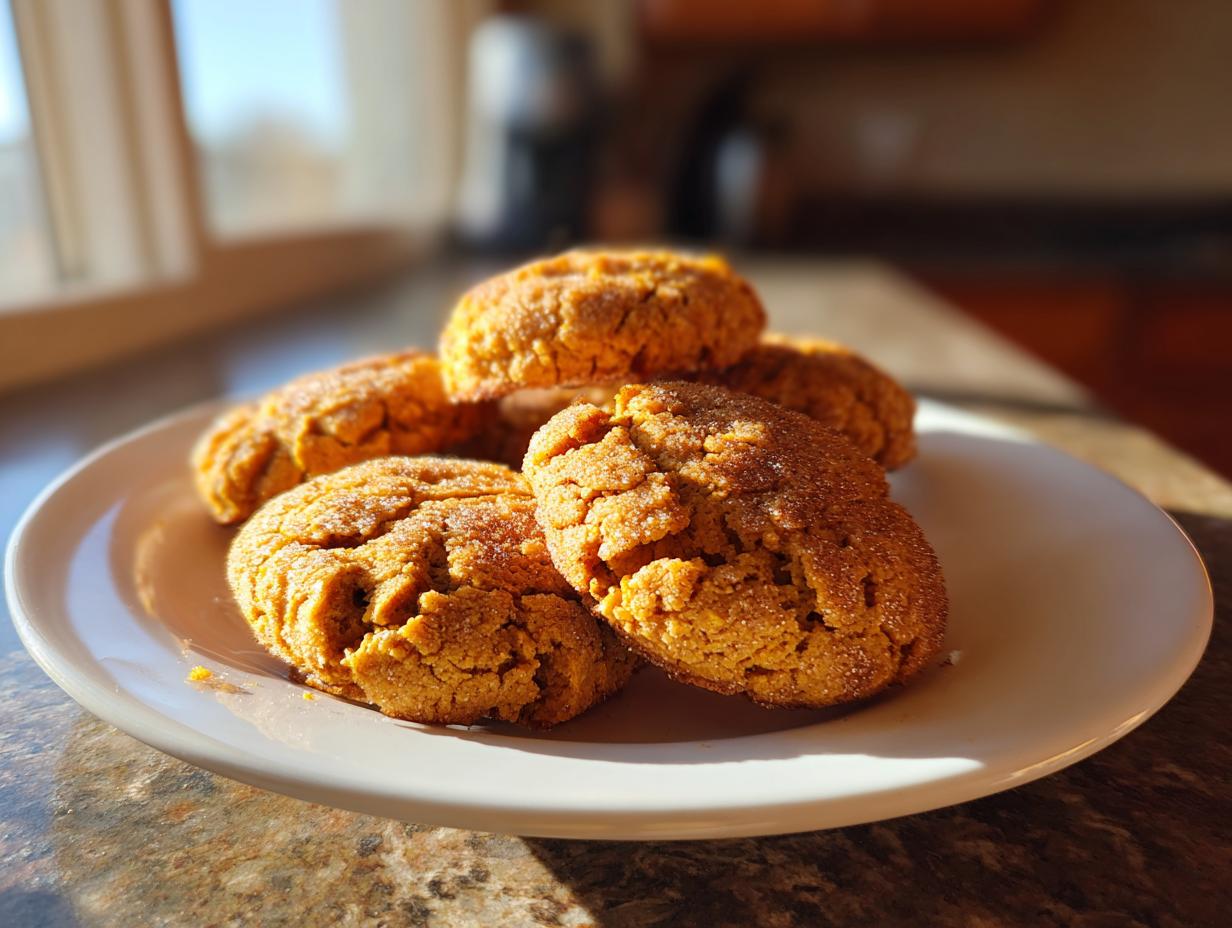 A close-up of several delicious maple pumpkin cookies piled on a white plate, dusted with sugar.