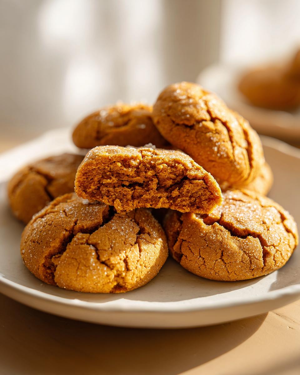 A close-up of a stack of soft Maple Pumpkin Cookies, one broken in half to reveal its chewy texture, dusted with sugar.