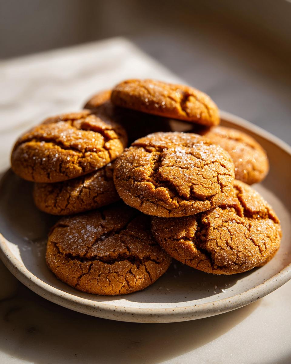 A stack of freshly baked maple pumpkin cookies, coated in sugar, on a plate.