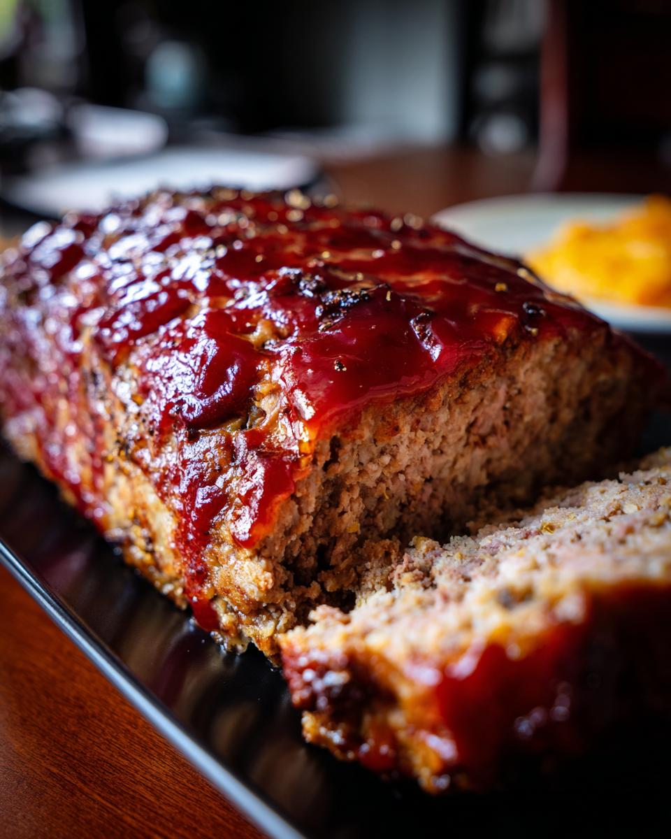 A close-up of a classic meatloaf with a shiny red glaze, partially sliced.