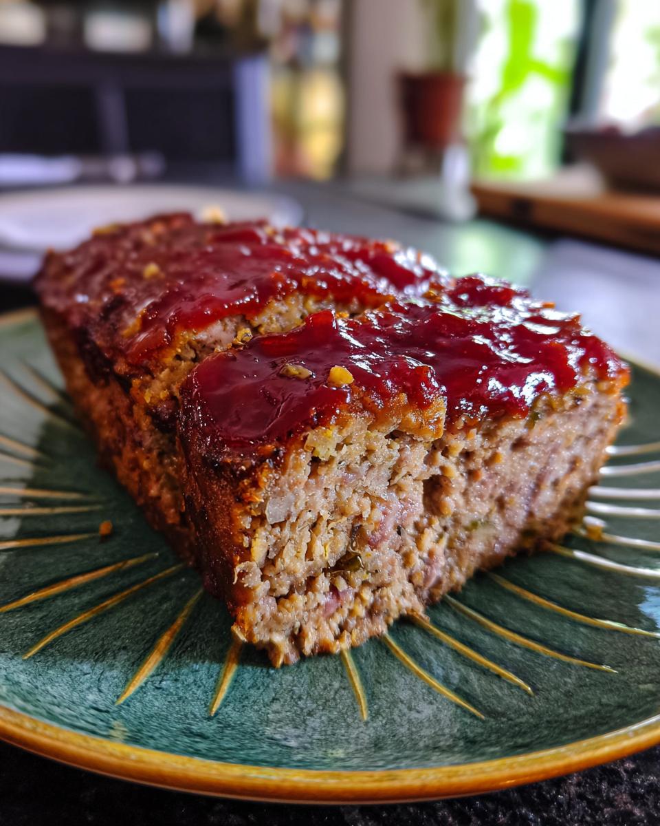A slice of classic meatloaf with a shiny red glaze, served on a green plate.