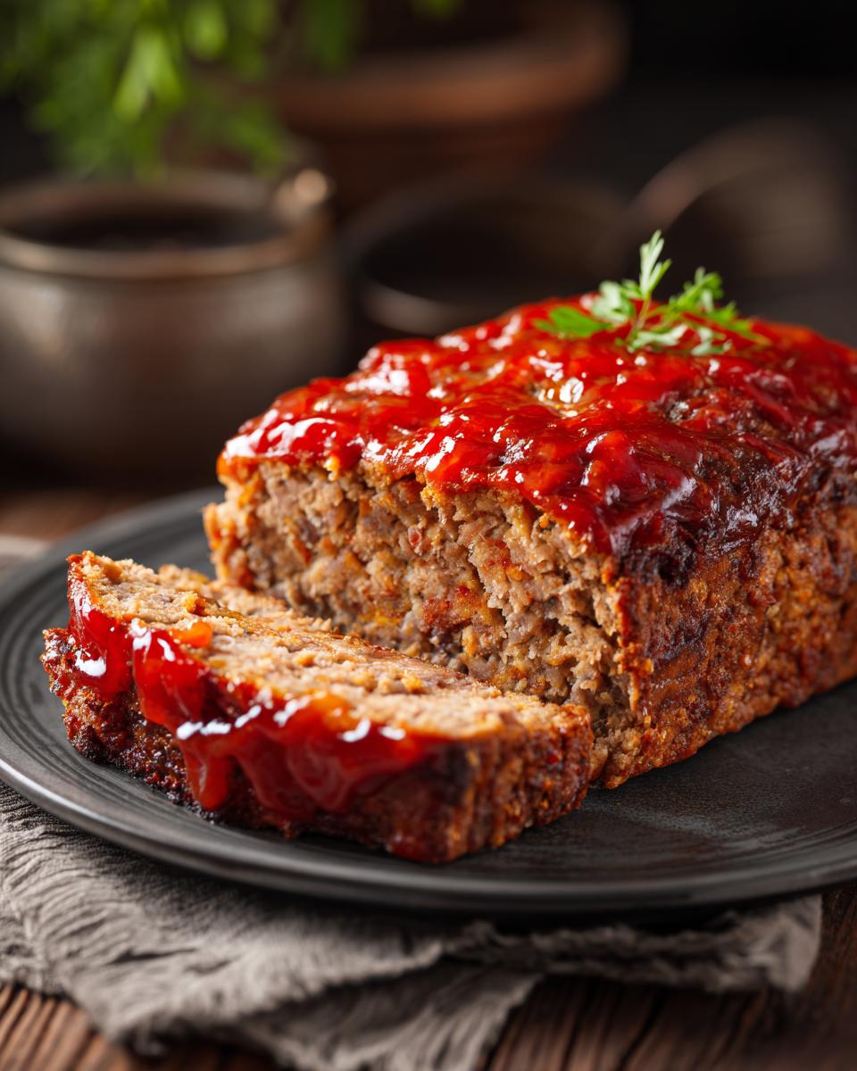 A slice of classic meatloaf with a shiny red glaze, garnished with parsley, on a dark plate.
