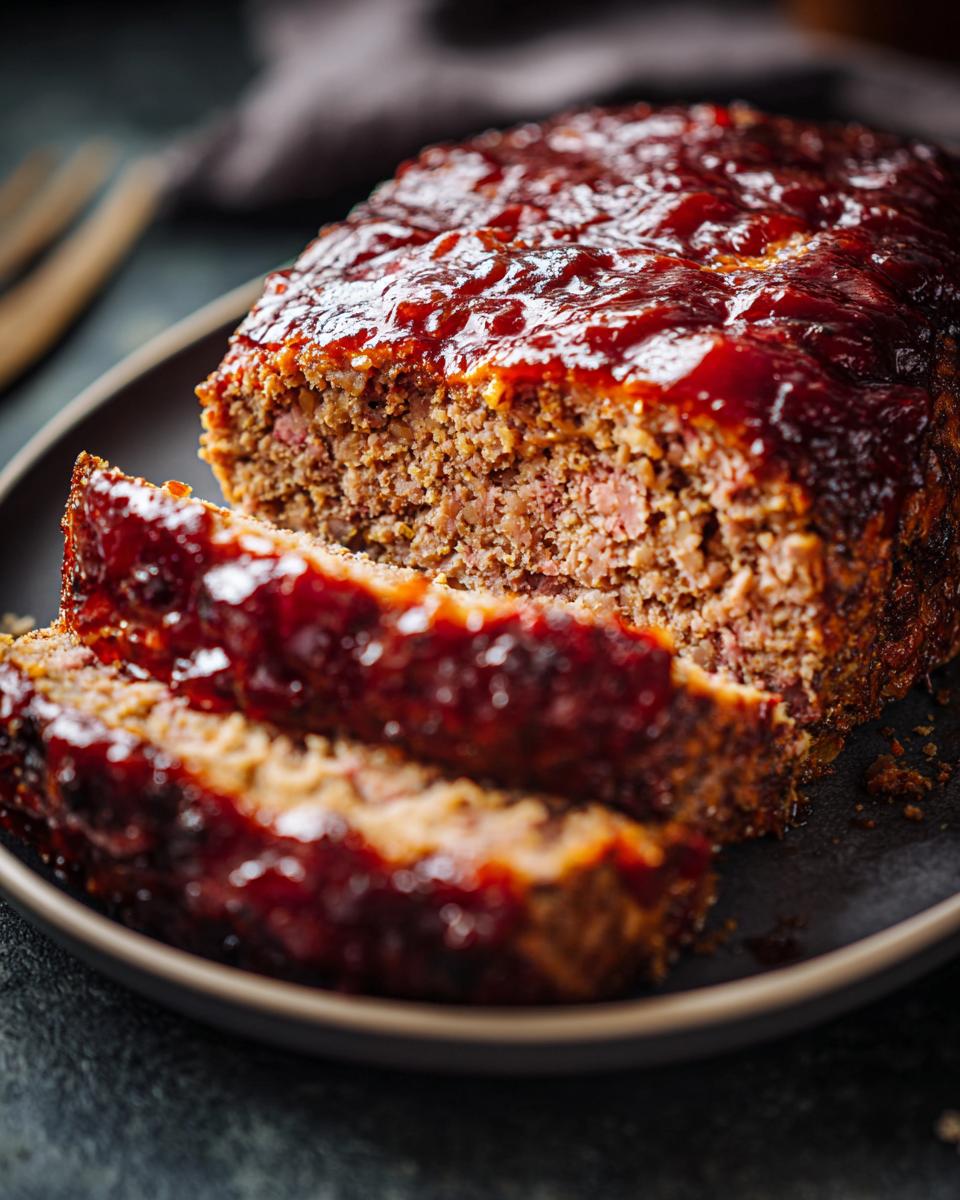 Close-up of a delicious meatloaf with glaze, sliced to reveal its texture and juicy interior.