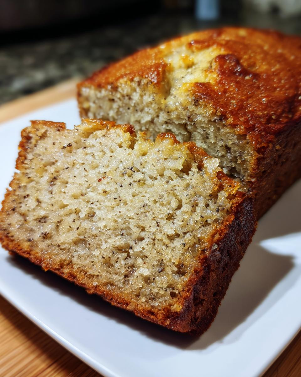 A close-up view of a moist banana bread slice on a white plate, showing its tender crumb and banana specks.