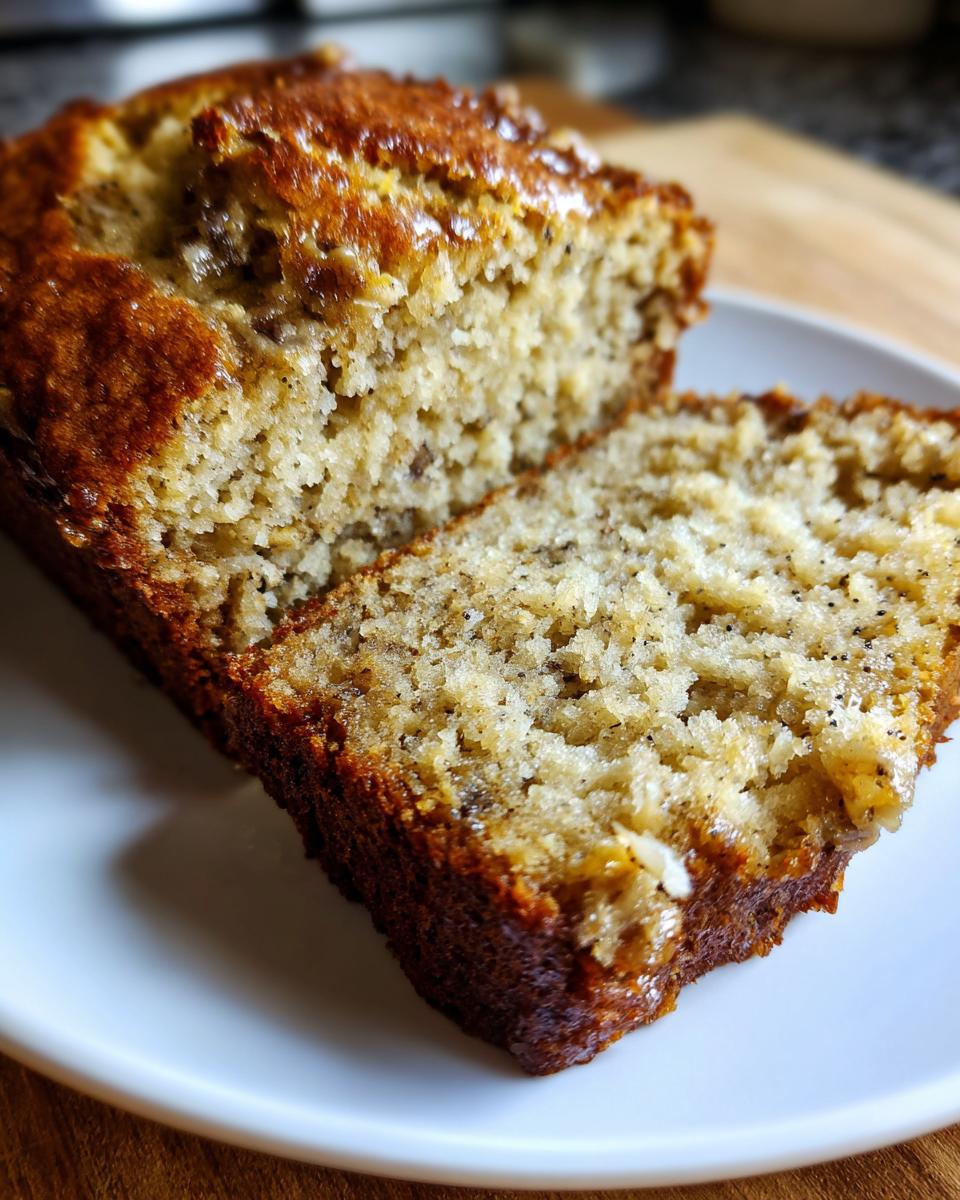 A close-up of a moist banana bread slice on a white plate, showing its tender crumb and golden-brown crust.