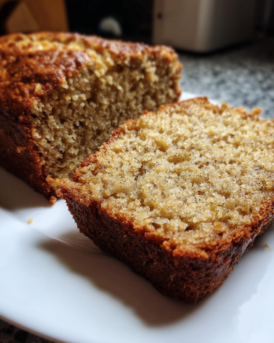 Close-up of a moist banana bread slice with the loaf in the background on a white plate.