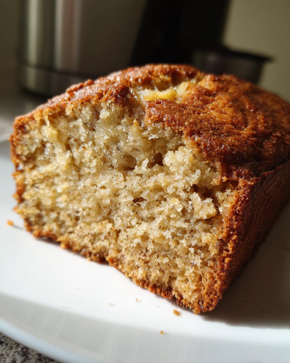 A close-up of a slice of moist banana bread on a white plate, showing its tender crumb and golden-brown crust.