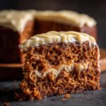 Close-up of a moist slice of gingerbread cake with creamy frosting, showing the rich texture and layers.