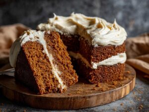A slice of moist gingerbread cake with creamy frosting, showing layers of rich gingerbread cake and smooth frosting.