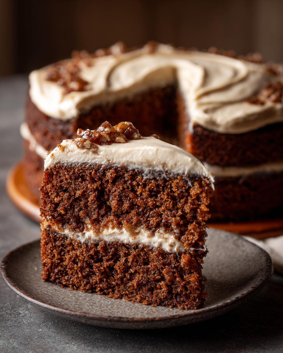 A slice of moist gingerbread cake with creamy frosting and a sprinkle of nuts, showcasing its rich texture.