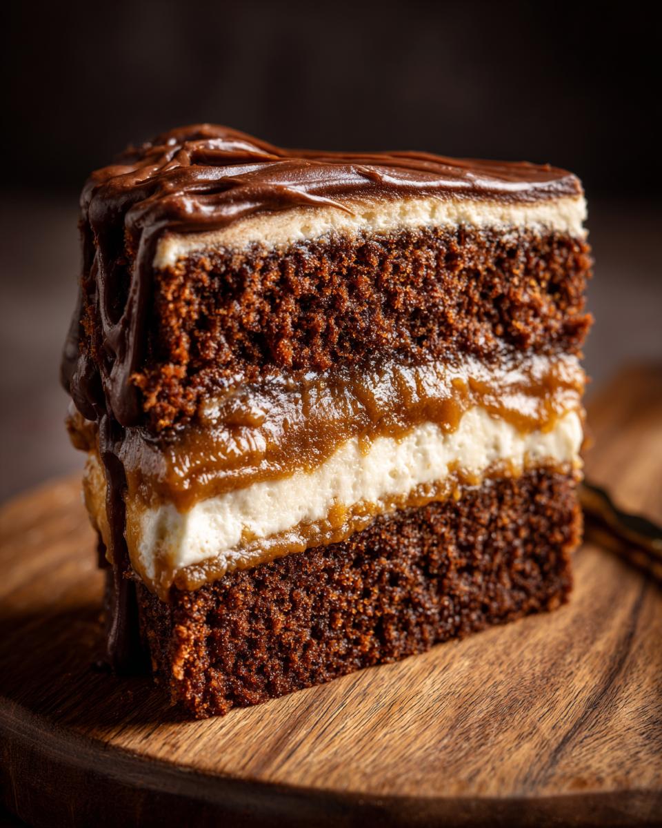 A decadent slice of moist gingerbread cake layered with cream and caramel, topped with chocolate ganache.