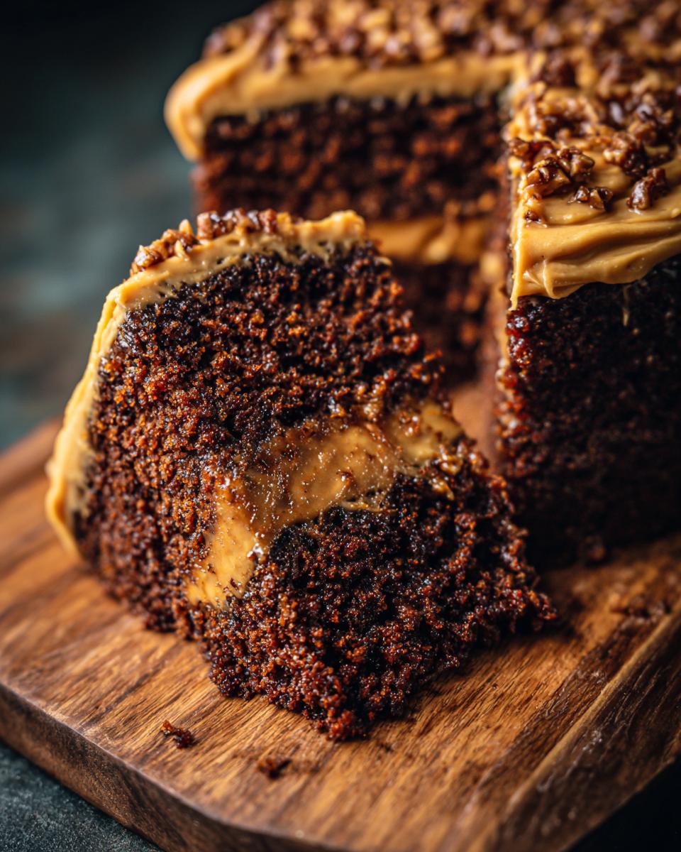 A slice of moist gingerbread cake with caramel filling and frosting, topped with chopped nuts.
