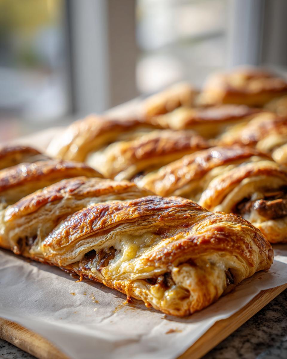 Close-up of a golden-brown mushroom gruyere puff pastry braid, showcasing flaky layers and melted cheese.