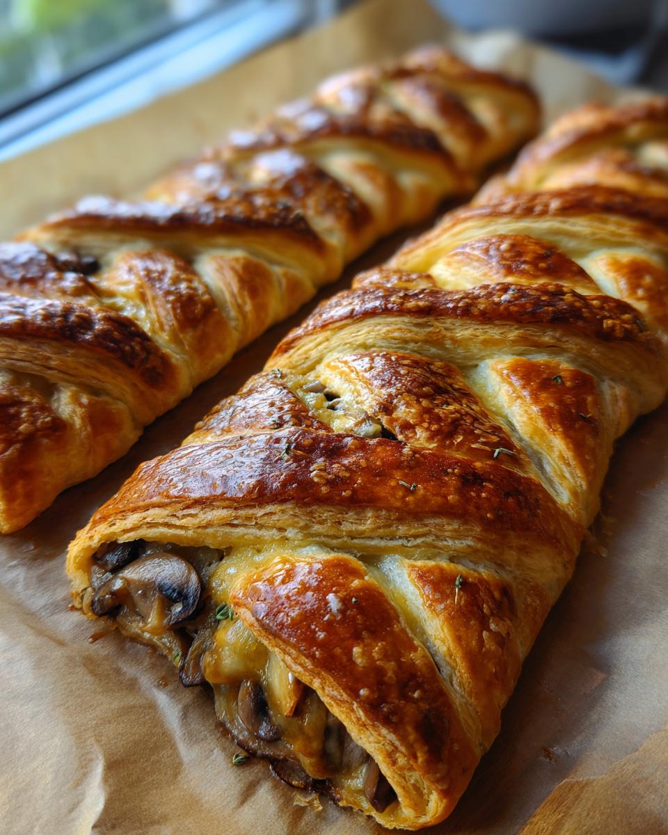 Close-up of a golden-brown mushroom gruyere puff pastry braid, showing flaky layers and a mushroom filling.