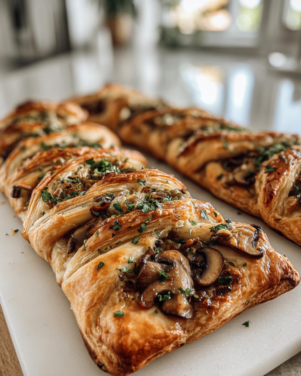 Close-up of a golden-brown mushroom gruyere puff pastry braid, topped with fresh parsley.
