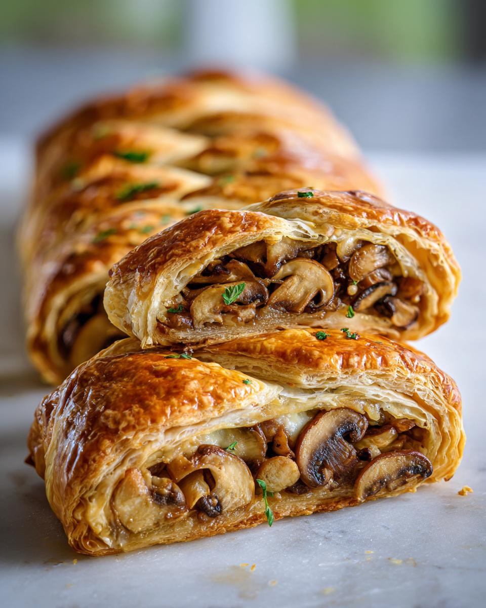 Close-up of a sliced Mushroom Gruyere Puff Pastry Braid, revealing flaky pastry and a rich mushroom filling.
