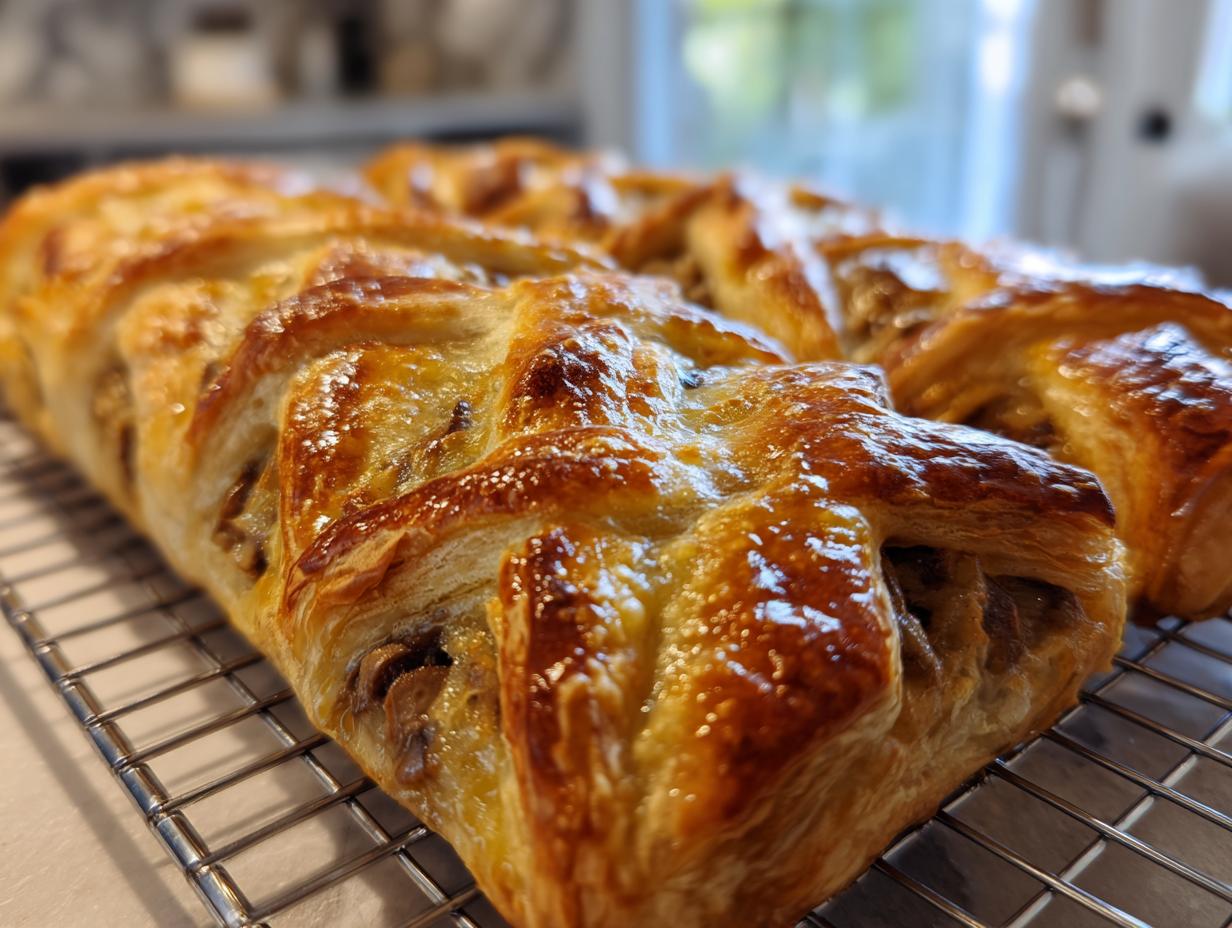Close-up of a golden-brown Mushroom Gruyere Puff Pastry Braid cooling on a wire rack.