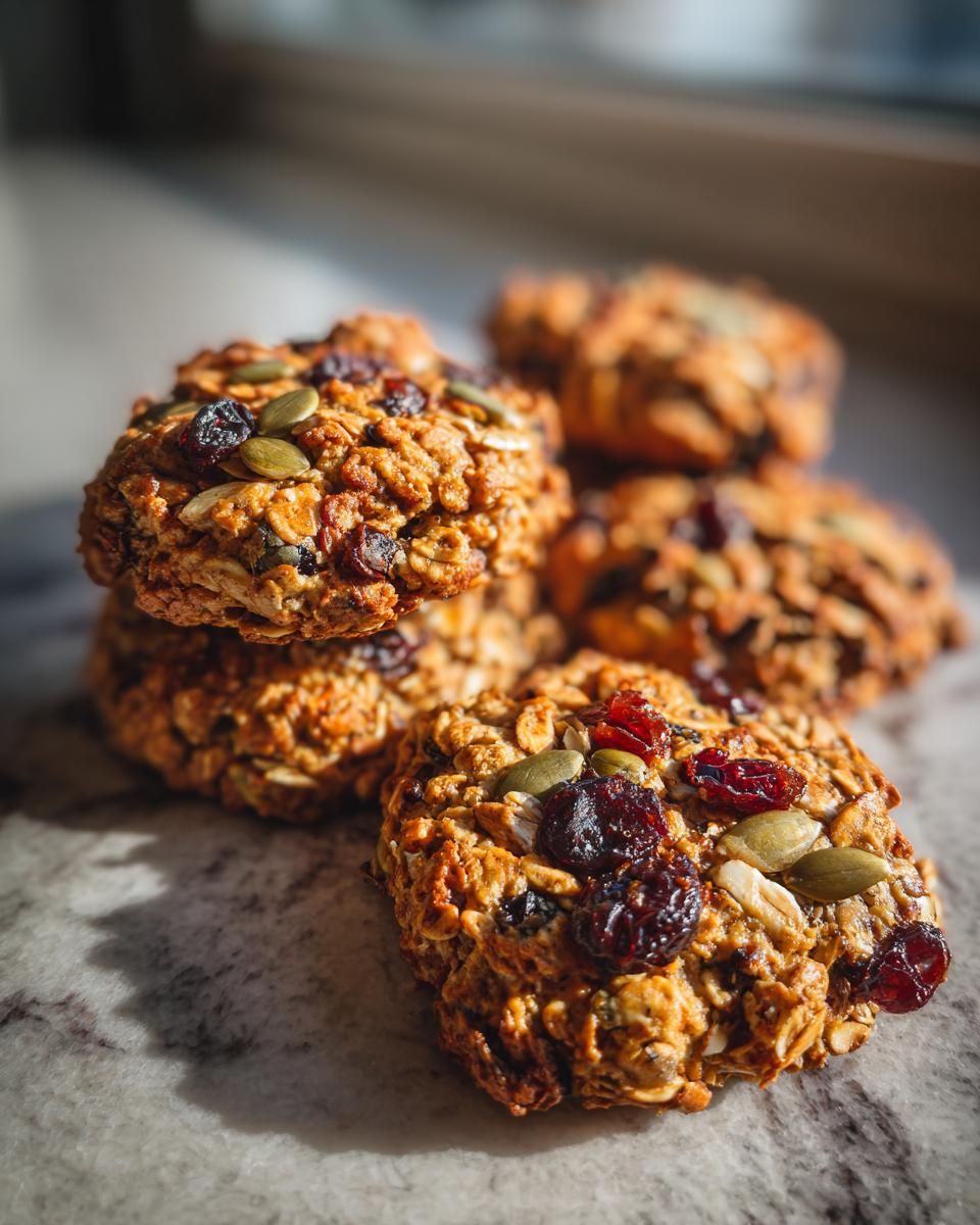 A close-up of several delicious nut and seed energy cookies, showcasing oats, pumpkin seeds, and dried cranberries.