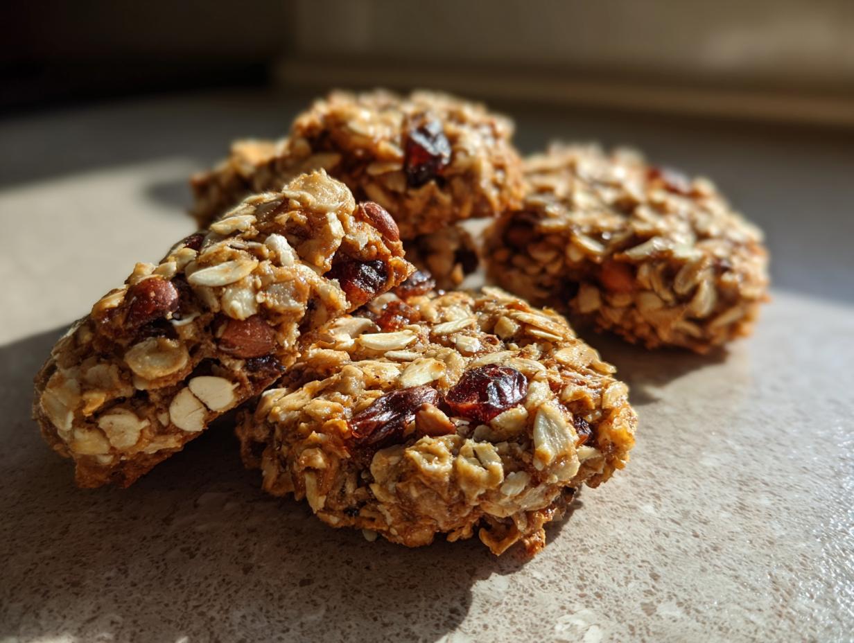Close-up of delicious Nut and Seed Energy Cookies, showing oats, nuts, and dried cranberries.