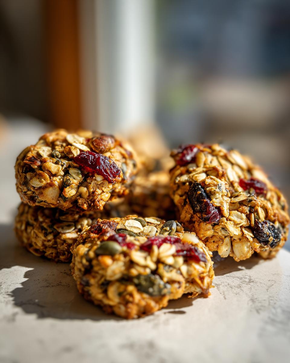 A close-up of several homemade nut and seed energy cookies, featuring oats, cranberries, and various seeds.