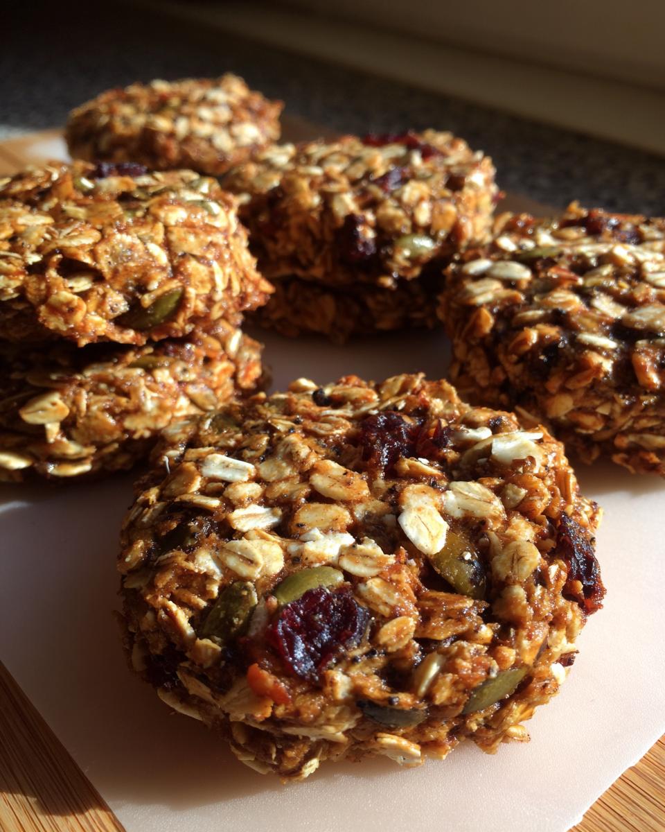 Close-up of several round Nut and Seed Energy Cookies, showcasing oats, pumpkin seeds, and dried cranberries.