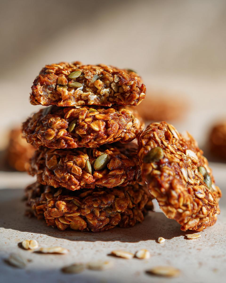 A stack of delicious Nut and Seed Energy Cookies, showcasing oats, pumpkin seeds, and a chewy texture.