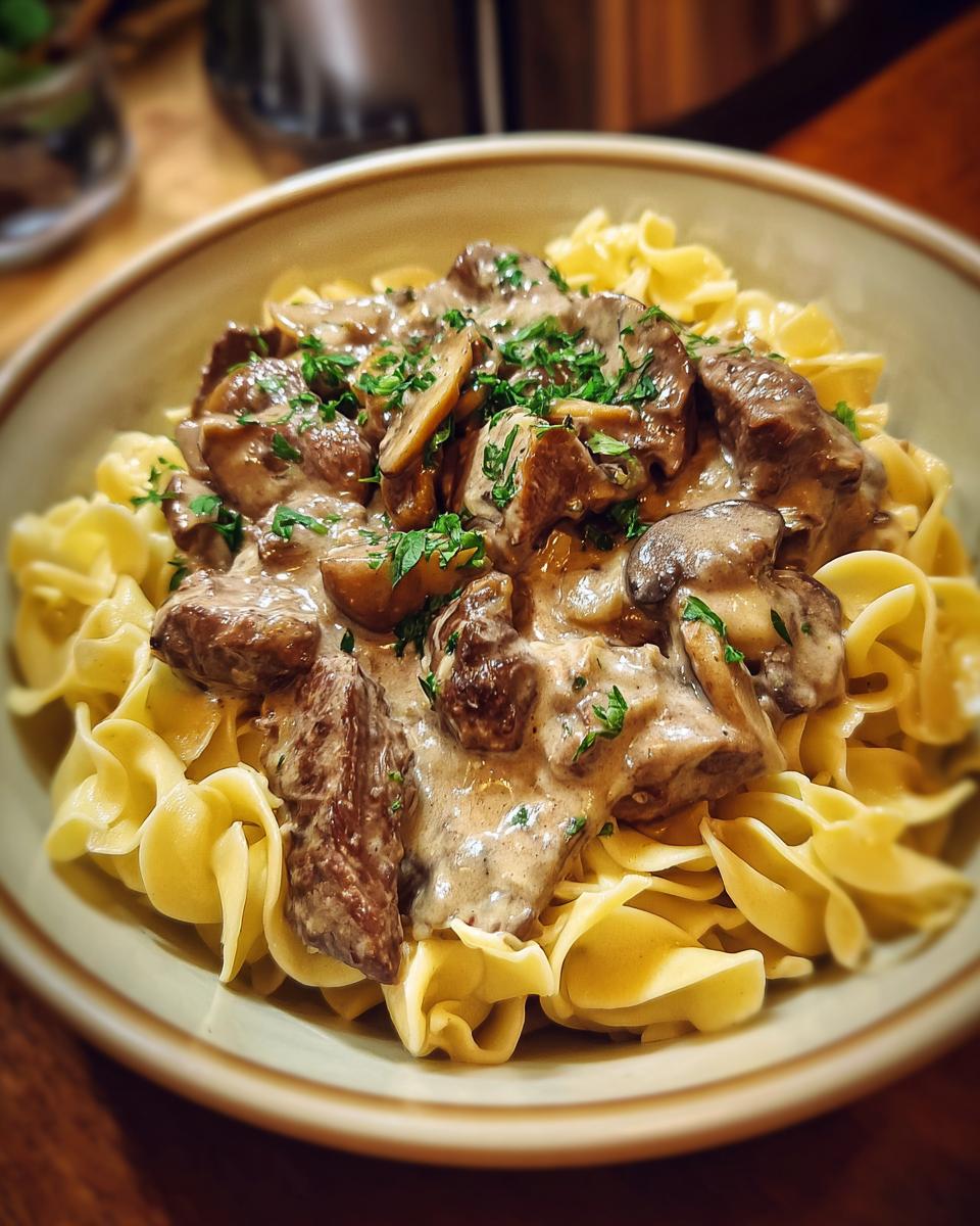 A close-up of a bowl of old fashioned beef stroganoff served over wide egg noodles, topped with fresh parsley.