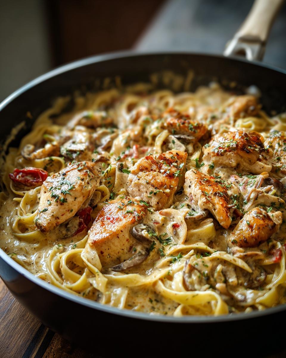 Close-up of delicious one-pan chicken and noodles in a creamy sauce with mushrooms and herbs.